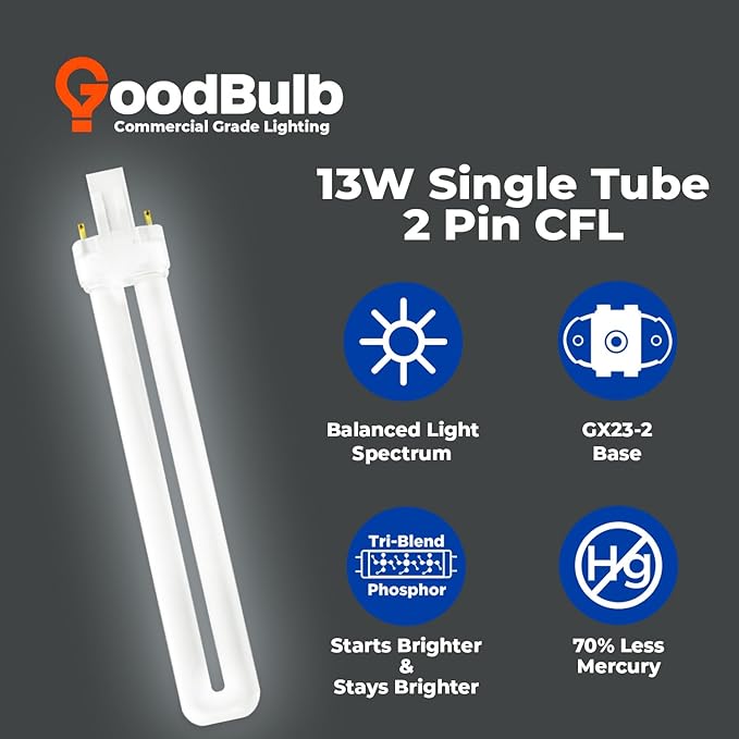 GoodBulb 13 Watt CFL Light Bulbs 2 Pin GX23 Base 5000K Daylight 13W High Output 800 Lumens Single Tube Compact Fluorescent Light Bulbs Plug-in 10 Pack