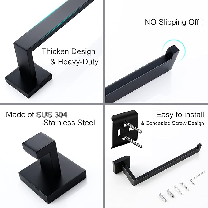BAGNOLUX Matte Black Bathroom Accessories Set 4 Pieces, Bathroom Towel Holder Set Stainless Steel, Black Towel Bar Towel Racks for Bathroom Wall Mounted, Square Bathroom Hardware Set Heavy Duty
