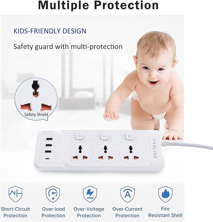 Power Strip with 45 Degree Plug and 10ft Long Cord, 3 Universal Socket, 2500W Circuit Breaker, 4 USB Ports Desktop Charging Station(3 USB-A & 1 USB-C)
