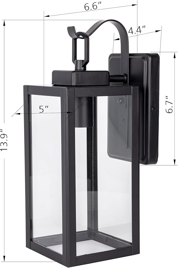 LIT-PaTH Outdoor Wall Lantern, Wall Sconce as Porch Lighting Fixture, E26 Medium Base Max 60W, Anti-Rust Metal with Glass Shade, Black, 2-Pack