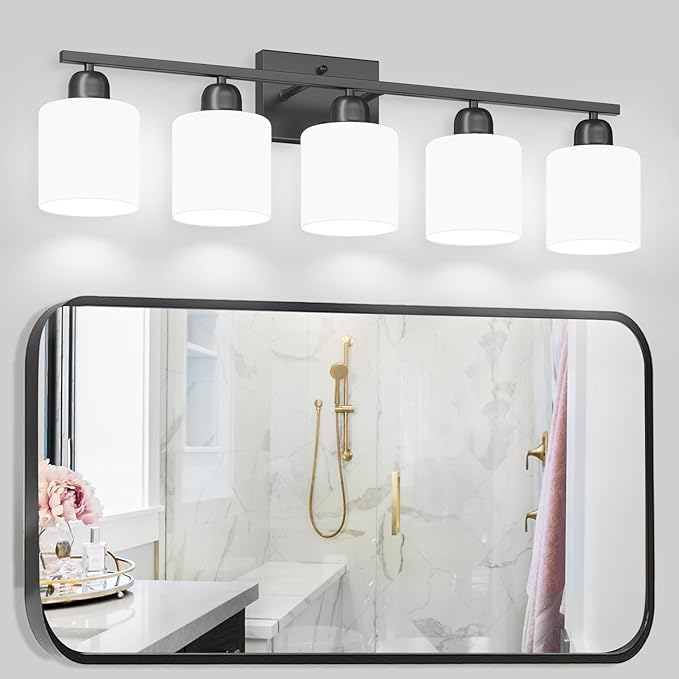 5-Light Black Bathroom Vanity Light, Black Vanity Light with Milky White Frosted Glass Shades, Modern Vanity Light Fixture for Bathroom Mirror, Bedroom, Living Room, Hallway, Vanity Table, E26 Base
