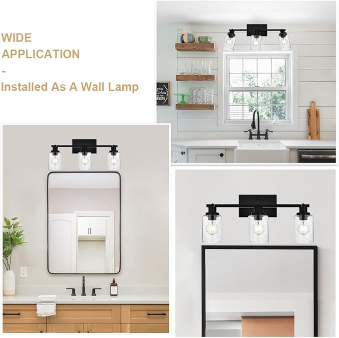 3-Light Track Lighting Fixtures Ceiling Spot Light, Black Flush Mount Wall Bathroom Vanity Light with Seeded Glass Shade for Dining Room Hallway Porch