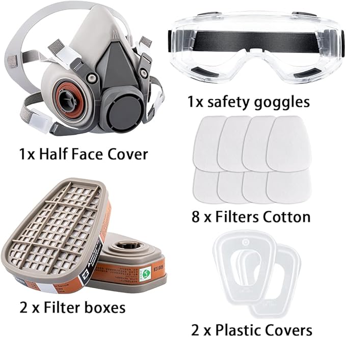 Respirator Mask Reusable Half Face Gas Cover/ Shield with Safety Glasses, Filters for Painting, Welding, Polishing, Woodworking and Other Work Protection (Medium)
