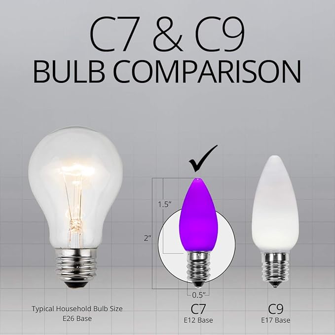 Wintergreen Lighting 25 Pack OptiCore C7 Purple Smooth Finish LED Christmas Light Bulbs, Heavy Duty E12 Base Outdoor Christmas Lights Replacement Light Bulbs