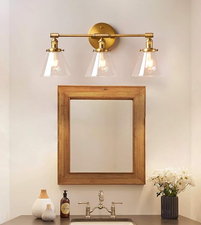 Phansthy 3-Light Wall Sconces Antique Brass Vanity Light, Industrial Wall Lamps with On Off Switch and Clear Glass Lampshade, Vintage Wall Lighting for Bathroom Living Room (Antique, Cone Shade)