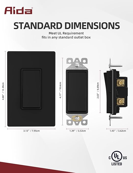 AIDA Single Pole Rocker Decorator Light Switch, 15 Amp Self-grounding Electrical Light Switches, Wall Plate Included, Residential Grade, UL Listed (20 Pack, Matte Black)