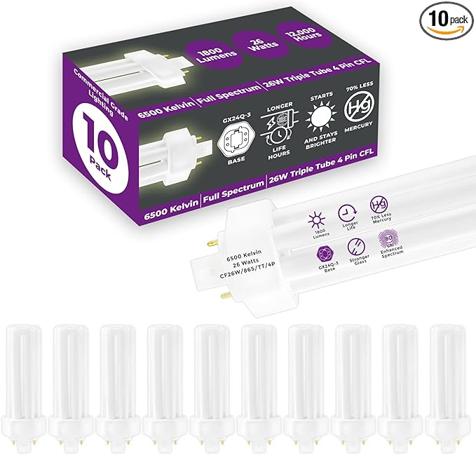 GoodBulb 26 Watt CFL Light Bulbs 4 Pin GX24Q-3 Base 6500K Full Spectrum 26W High Output 1800 Lumens Triple Tube Compact Fluorescent Light Bulbs Plug-in 10 Pack