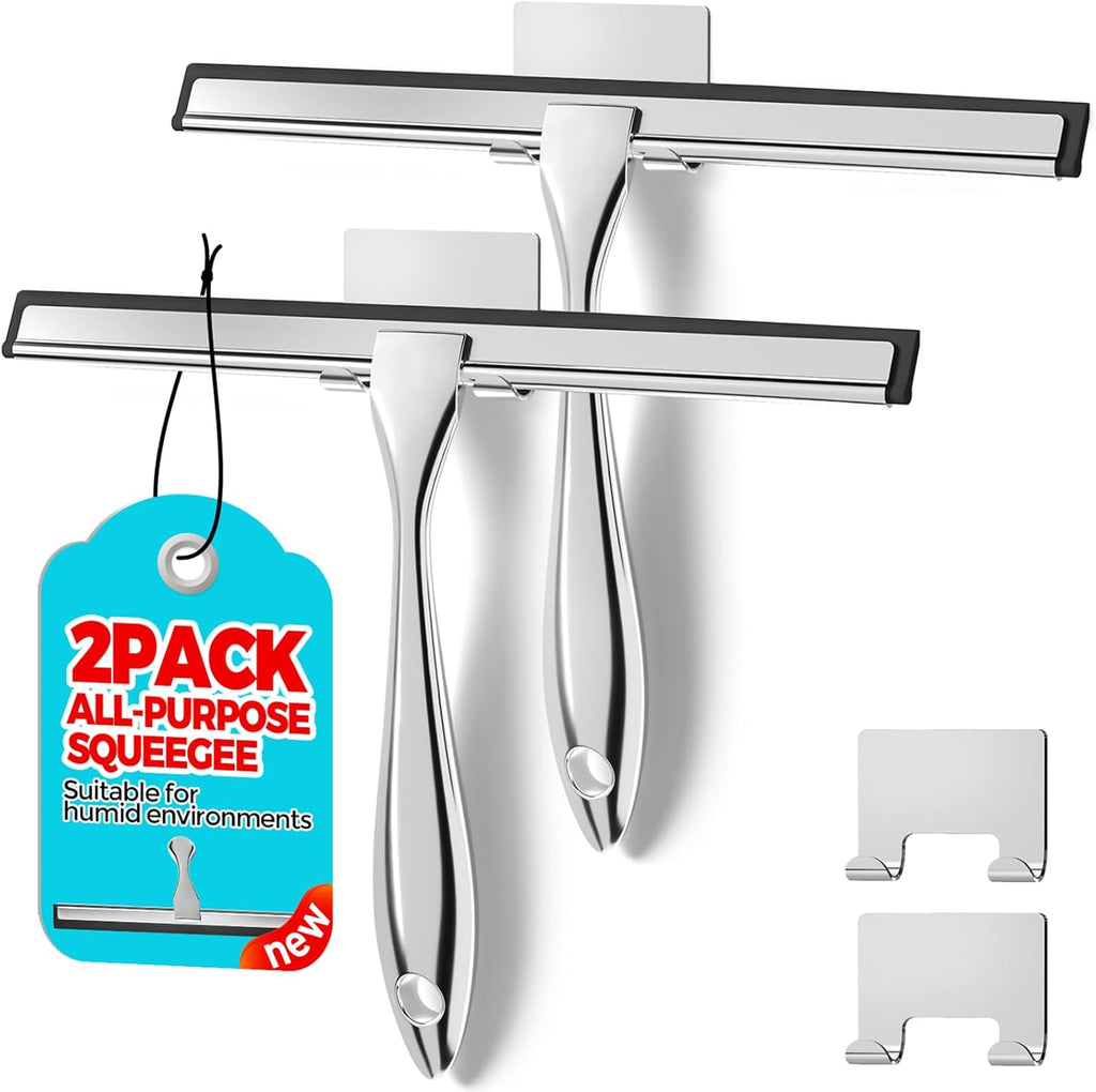 2PACK All-Purpose Shower Squeegee for Shower Doors, Tile Shower Walls, Bathroom, Window, Glass and Car Windshield, Mirrors and Kitchen-Stainless Steel, 9.8-Inch, Silver
