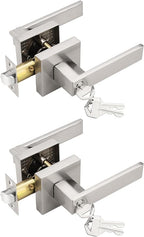 2 Pack Square Entry Door Levers with Lock and Key, Brushed Nickel Entrance Door Handles, for Exterior or Interior Doors, Bedroom, Office, Hotel (Each with 3 Keys)