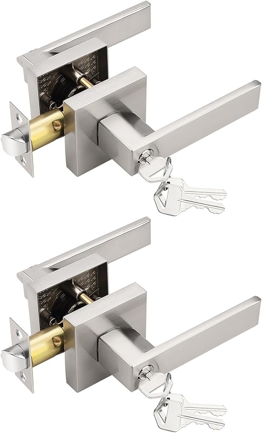 2 Pack Square Entry Door Levers with Lock and Key, Brushed Nickel Entrance Door Handles, for Exterior or Interior Doors, Bedroom, Office, Hotel (Each with 3 Keys)