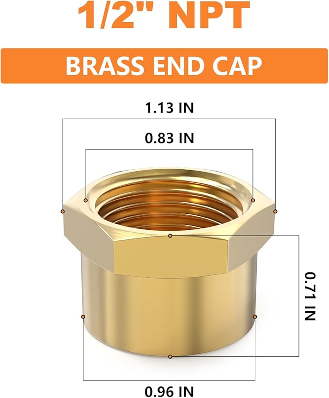 GASHER 1/2"NPT Brass Pipe Cap, NPT Female Thread Socket Pipe End Cap Plugs Fitting 5PCS