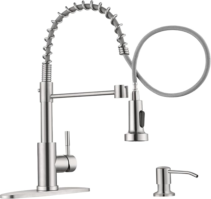 APPASO Kitchen Faucet with Soap Dispenser, SUS304 Pull Down Kitchen Faucet Commercial Single Handle High Arc Faucet for Kitchen Sink, Brushed Nickel