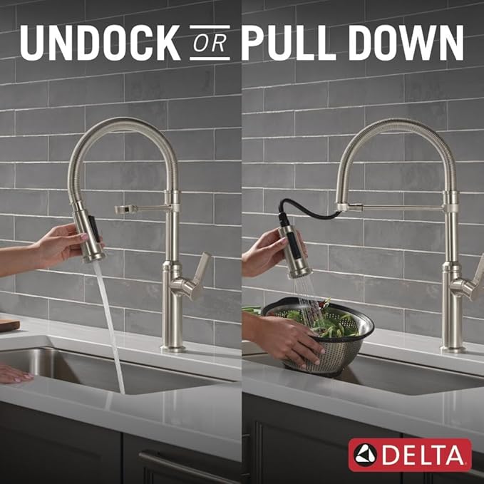 Delta Rhett Pro Style Commercial Kitchen Faucet with Pull Down Sprayer, Brushed Nickel Single Hole Kitchen Sink Faucet, Single Handle, Stainless 18829-SS-DST