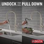 Delta Rhett Pro Style Commercial Kitchen Faucet with Pull Down Sprayer, Brushed Nickel Single Hole Kitchen Sink Faucet, Single Handle, Stainless 18829-SS-DST