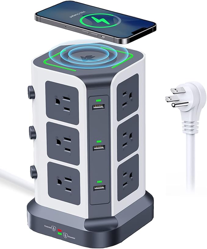 KOOSLA Power Strip Tower, [15W] Wireless Charger Surge Protector - 12 AC Multiple Outlets & 6 USB Ports, 6.5ft Extension Cord Charging Station for Office Supplies, Desk Accessories, Dorm Essentials