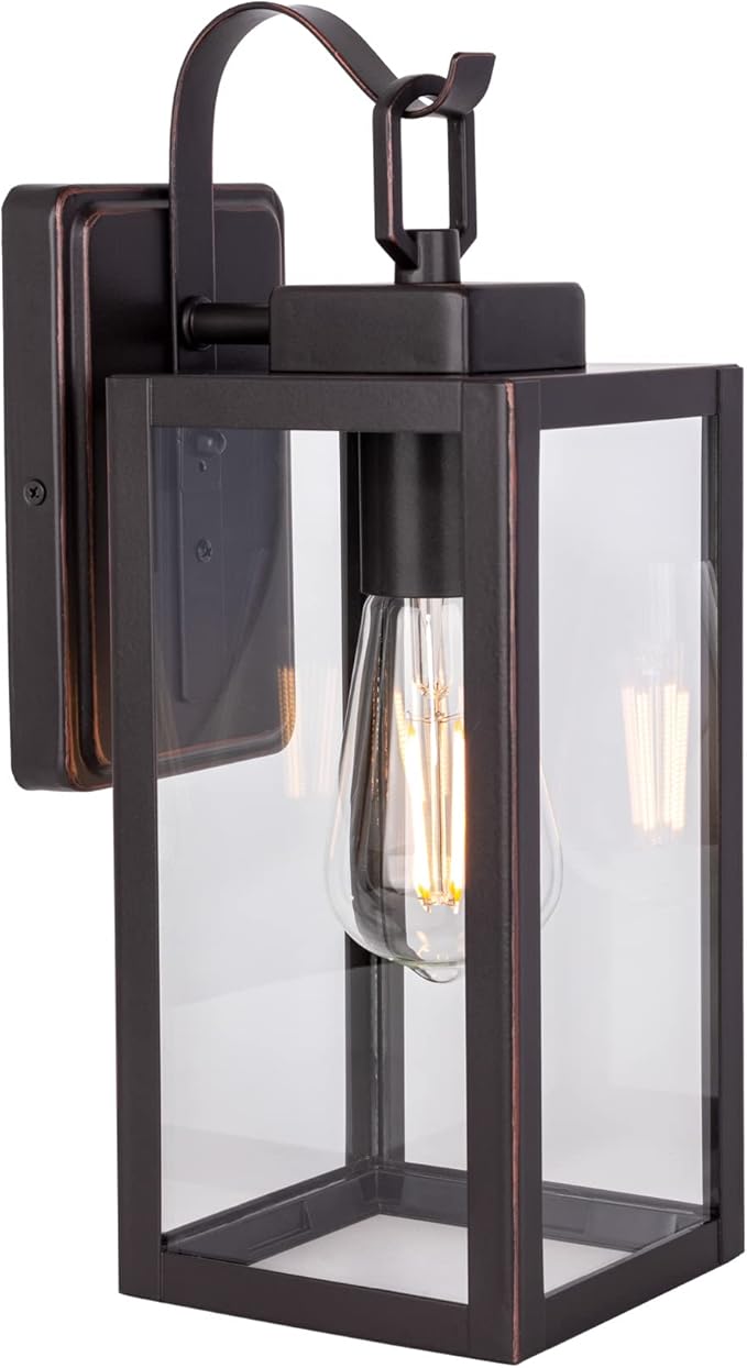 LIT-PaTH Outdoor Wall Lantern, Wall Sconce as Porch Lighting Fixture, E26 Medium Base Max 60W, Anti-Rust Metal with Glass Shade, Oil Rubbed Bronze Finish, 1-Pack
