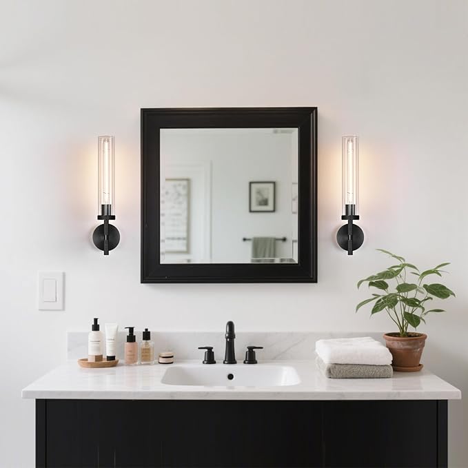 Modern Black Hardwired Wall Sconces, 21'' Knurled Bathroom Wall Sconce, Indoor Wall Sconce,Copper and Glass Vanity Light, for Living,Bedroom, Hallway, Staircases, Include Bulbs