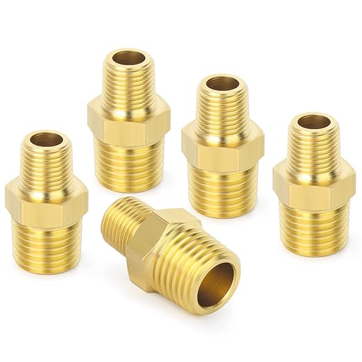 TAISHER 5PCS Brass Pipe Fitting, Reducer Adapter, Hex Nipple, 3/8-Inch Male Pipe x 1/4-Inch Male Pipe