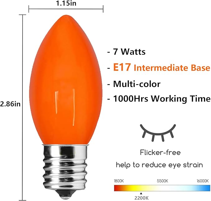 C9 Incandescent Light Bulbs Christmas Light Bulbs, 25 Pack C9 Opaque Multicolor Replacement Bulbs, E17/C9 Intermediate Base Bulbs for Patio Outdoor Christmas String Lights, 7 Watts