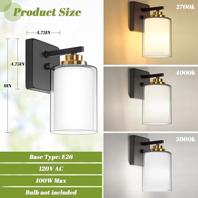 Set of 2 Wall Sconces for Bathroom, Modern Vanity Light Fixtures, Black & Gold Wall Mount Lighting Lanterns, Farmhouse Wall Lights with Double Clear Glass Shade for Bedroom Living Room Mirror Hallway