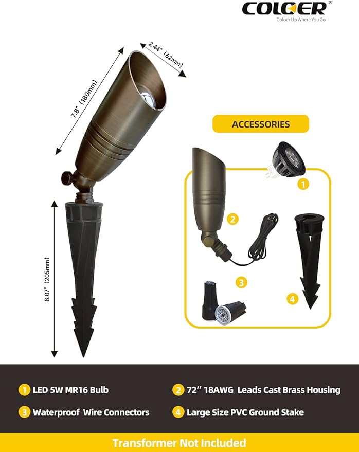 COLOER Brass Landscape Spotlights, 12 Pack Landscape Light Fixture with 5W Aluminum Housing MR16 LED Bulb 2700K 450LM, 12V AC/DC Low Voltage Outdoor Spot Lighting, Uplight for Garden and Patio(102B)