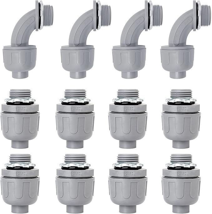 1/2 inch Liquid Tight Connector PVC Flexible Conduit Connector UL Listed Liquid Tight Connector Non-Metallic Electrical Conduit Fittings 12 Pack (8 Pcs 180D/4 Pcs 90D)
