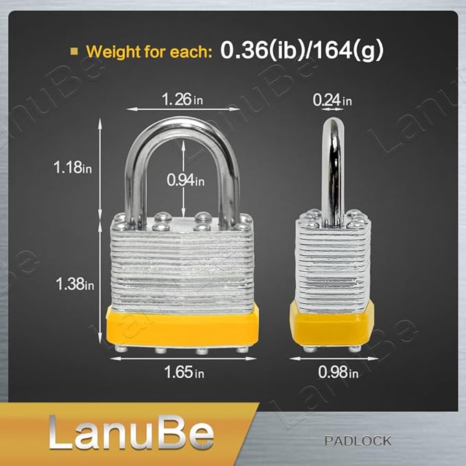 LanuBe Lock Laminated keyed Padlock (1-9/16", 40mm), keyed Alike Locks, Normal Shackle,Marked Yellow Plastic Hoop, Pack of 24