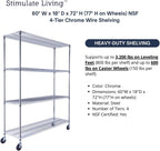 60"x18"x72" Prime Heavy Duty Chrome 4-Tier Wire Shelving NSF 3200 LBS MAX Capacity Storage Rack for Commercial, Hospital, School, Garage, and Kitchen Uses (with Wheels)