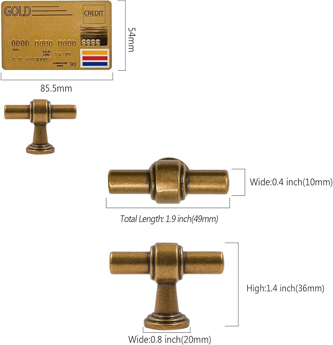 Amerdeco 10 Pack Antique Brass Cabinet Knobs 1.46 Inch(37mm) Single Hole Cabinet Handles Rectangle Drawer Knobs and Pulls for Bathroom Cabinets ZH0069