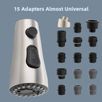 iFealClear Universal Metal Kitchen Faucet Head Replacement, Pull Down Kitchen Sink Faucet Sprayer Head, Compatible with Moen, Delta, American Standard Faucets,15 Adapters, 3 Modes, Brushed Nickel