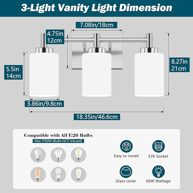 3-Light Brushed Nickel Bathroom Light Fixtures Over Mirror, Rustproof Brushed Nickel Vanity Light, Modern Bathroom Vanity Lights with Milky White Glass Shades, Wall Sconces for Bathroom Lighting