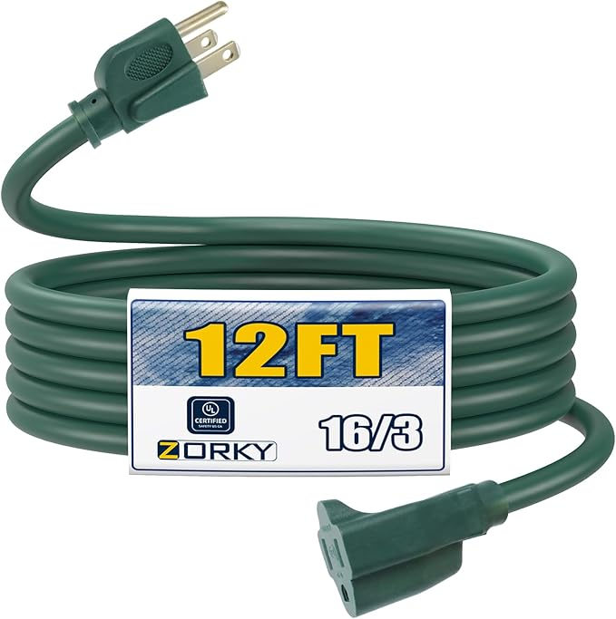 12ft Outdoor Extension Cord for Christmas Decorations- 16/3 Heavy Duty SJTW Waterproof Green Electrical Cable with 3 Prong Grounded Plug for Safety, Great for Lawn and Major Appliances