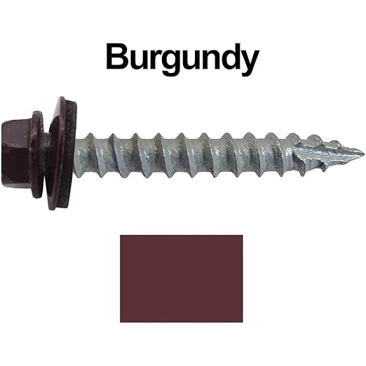 #14 Metal ROOFING SCREWS(250) Screws x 1-1/2" BURGUNDY Hex Washer Head Sheet Metal Roof Screw. Self starting/self tapping metal to wood with EPDM washer. Colored head. for corrugated roofing