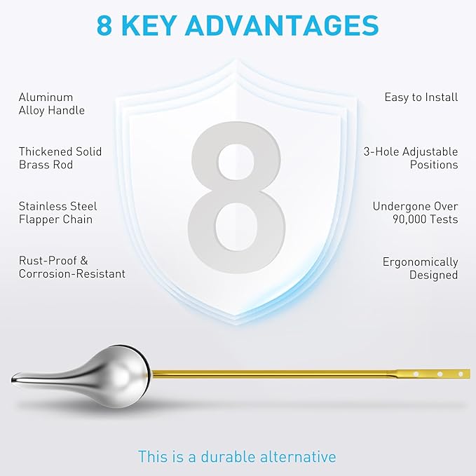 Toilet Handle Replacement Kit - Universal Front Mount Toilet Flush Handle, American Standard Toilet Lever Replacement Fits Most Toilets, Metal Toilet Tank Lever with Steel Flapper Chain [Brass&Chrome]