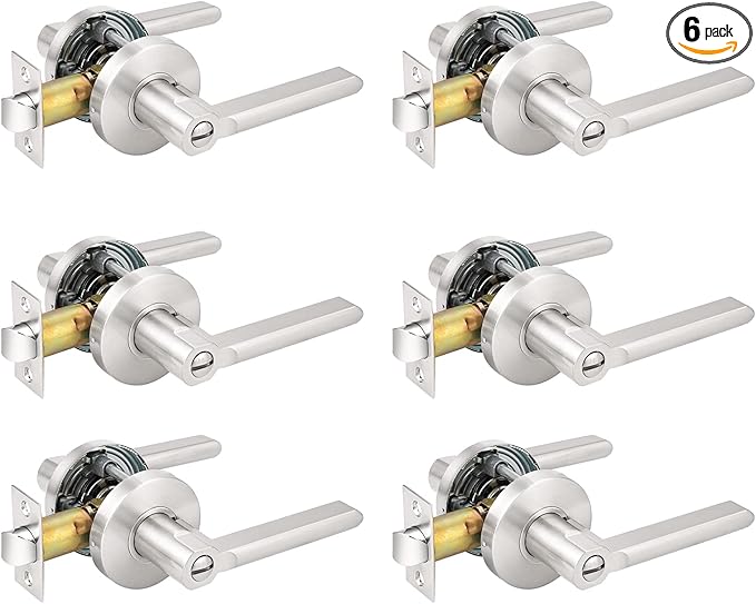 Probrico Satin Nickel Bed/Bath Door Levers, Flat Reversible Handles Interior Privacy Door Lock (6 Pack)