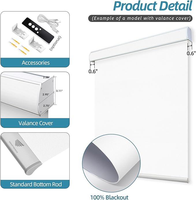SmartWings Motorized Smart Blinds with Remote, Automatic Blackout Roller Shade Work with Alexa Homekit Thread Google Z-Wave, Electric Blind for Window, Custom Width Up to 110" W,Vinyl Pure White