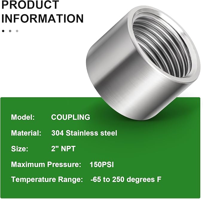 TAISHER 2PCS 304 Stainless Steel Cast Pipe Fitting, Coupling, 2" x 2" NPT Female Threaded