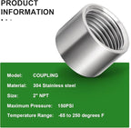 TAISHER 2PCS 304 Stainless Steel Cast Pipe Fitting, Coupling, 2" x 2" NPT Female Threaded