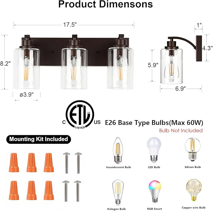 3-Light Bathroom Light Fixtures Modern ORB Vanity Lights for Bathroom Lighting Fixtures Over Mirror with Clear Glass Shade for Cabinet Mirror Bedroom Hallway