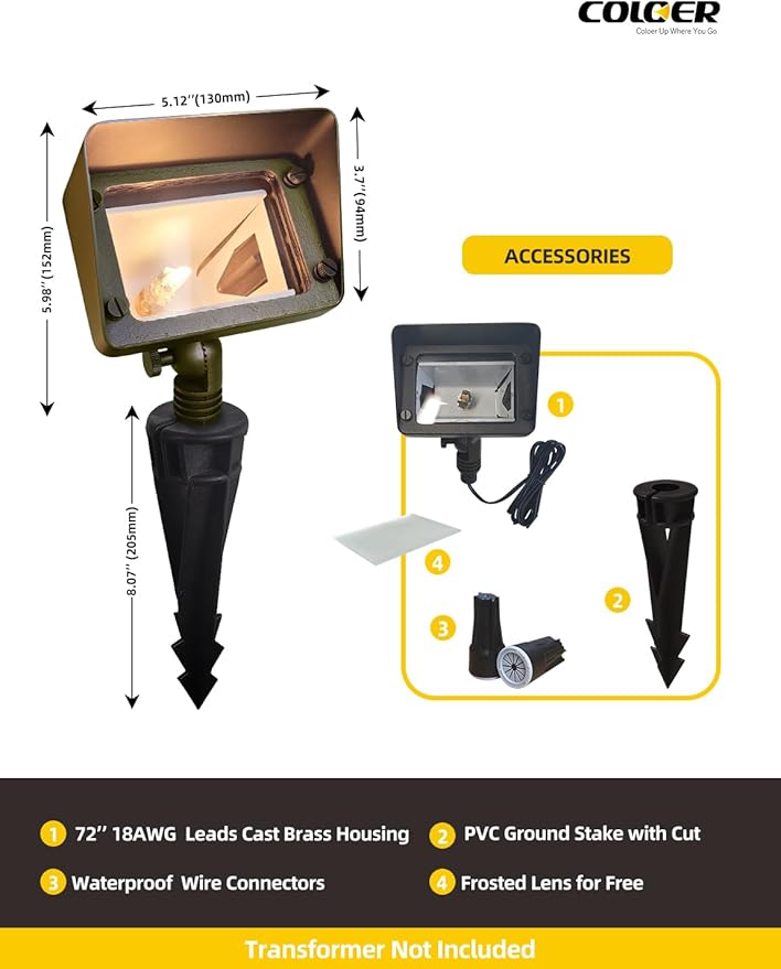COLOER Brass Rectangular Flood Lights 1-Pack Without Blub, 12V Low Voltage Landscape Floodlights for Outside, Outdoor Wall Lights Illuminating Signs, Walls and Plant Material