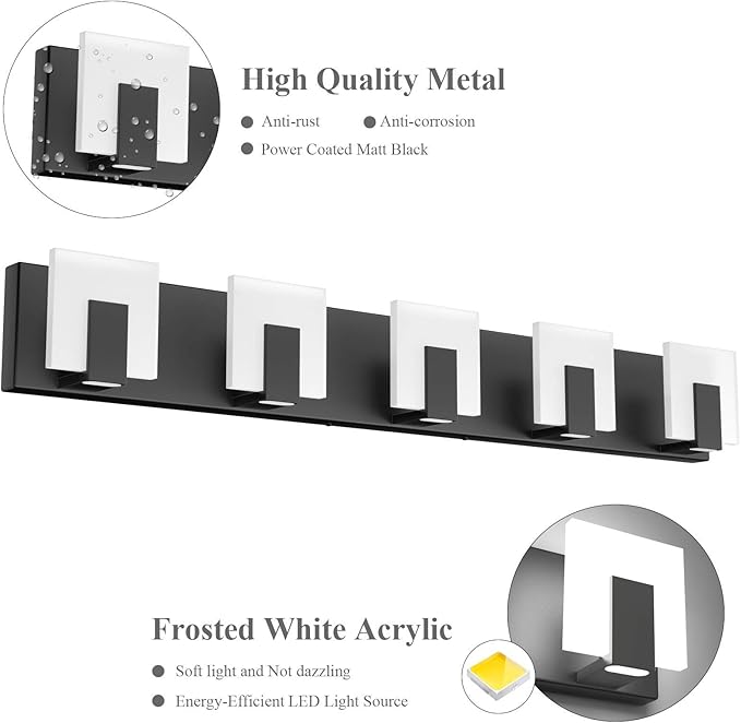Aipsun 5 Lights Modern Black Vanity Light Up and Down Black Bathroom Lighting Fixtures LED Bathroom Wall Light Over Mirror 6000K