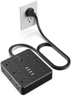 Flat Plug Power Strip Surge Protector, HUNIAN 5 Ft Extension Cord with 12 Widely Spaced Multiple Outlets 6 USB Charger (2 USB C Ports), Desk Charging Station for Home Office Supplies, Black
