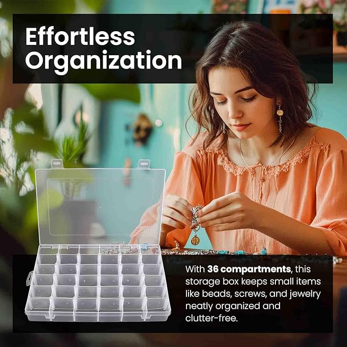 4pack 36 Grids Plastic Clear Organizer Box Bead Storage Containers with Adjustable Dividers for Craft Jewelry Fishing Tackles Parts Storage with 4 Sheets Label Stickers