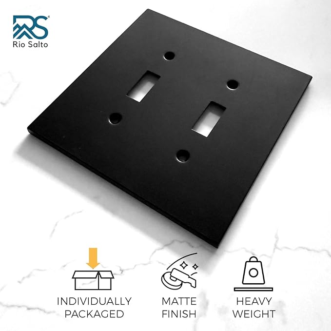RIO SALTO Modern Metal Matte Black Double Toggle Light Switch Cover Metal Decorative Toggle Switch Covers Wall Plate Outlet Cover Black Wall Electric Outlet Socket Double Togle - Midsize 2 Gang