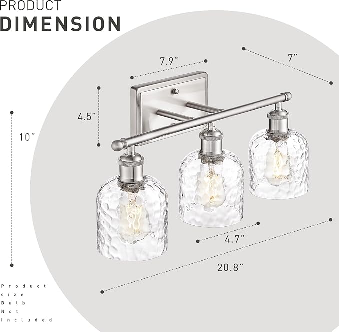 zeyu 20.8'' Modern Bathroom Vanity Lamp, 3-Light Wall Mirror Light for Bathroom, Brushed Nickel Finish with Clear Hammered Glass, ZJF63B-3W BN