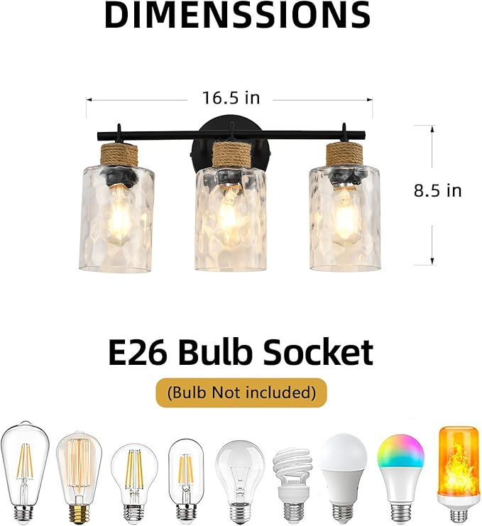 3-Light Bathroom Light Fixtures, Coastal Vanity Lights with Crystal Glass Shade, Black Bathroom Wall Lamp for Mirror Kitchen Hallway Bedroom