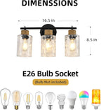 3-Light Bathroom Light Fixtures, Coastal Vanity Lights with Crystal Glass Shade, Black Bathroom Wall Lamp for Mirror Kitchen Hallway Bedroom