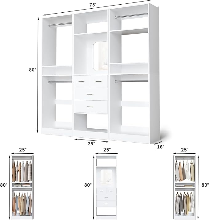 Unikito 75 Inch Closet System with 4 Drawers, 6.3FT Walk in Closet Organizer with Hanging Rods and Mirror Design, Reversible Large Closet Wardrobe with Shelves, Adjustable Closet Tower, White