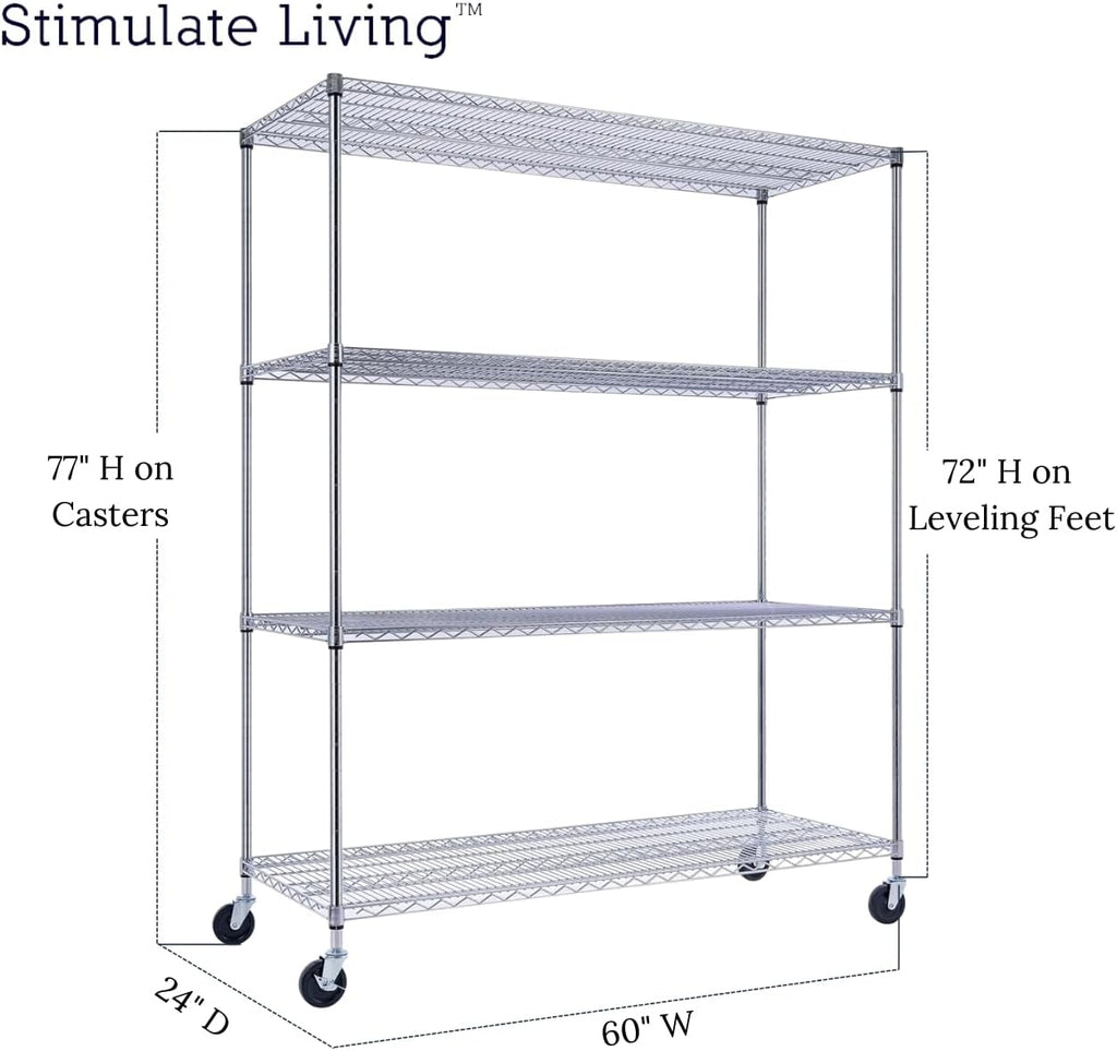 60"x24"x72" PRIME HEAVY DUTY Chrome 4-Tier Wire Shelving NSF 2400 LBS MAX Capacity Storage Rack for Commercial, School, Home, Garage, Warehouse, Industrial, and Hospital Uses (with Wheels)
