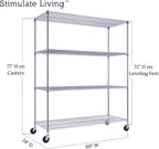 60"x24"x72" PRIME HEAVY DUTY Chrome 4-Tier Wire Shelving NSF 2400 LBS MAX Capacity Storage Rack for Commercial, School, Home, Garage, Warehouse, Industrial, and Hospital Uses (with Wheels)